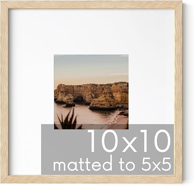 HAUS AND HUES Solid Oak 10”x10” Picture Frame Matted to 5”x5” - 10x10 Wood Frame for Wall, Square Frame with Mat, 10x10 Art Frame, 10x10 Square Photo Frame, Natural Wood Frames (Beige Oak Frame)