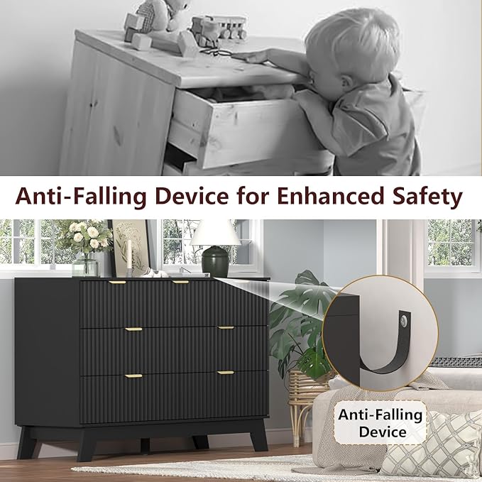 Fluted Dresser for Bedroom,7 Drawer Dresser for Closet,Storage Cabinet and Chest of Drawers with Gold Handle,TV Stand,Storage Organizer for Living Room,Hallway,Entryway,Black