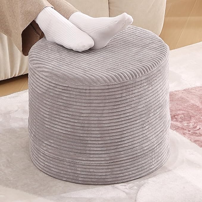 LITA Round Stuffed Pouf Ottoman, Velvet Poufs with High-Density Foam Filling and Washable Cover, Furry and Fluffy Bean Bag Foot Stools Ottoman for Living Room, Bedroom, Office, Grey