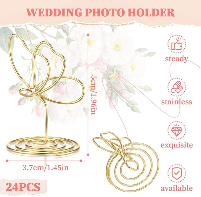 24 Pcs Gold Butterfly Photo Holders Table Number Photo Clips Holder Butterfly Decoration Name Place Card Stand for Centerpieces Wedding Reception, Party, Birthday