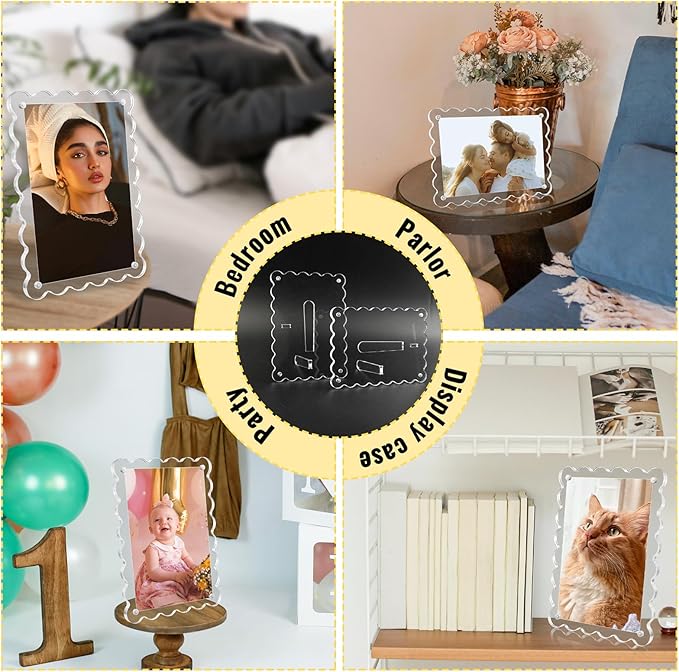 Acrylic Picture Frames 3 Pack 5x7 Scalloped with Detachable Brackets, Vertical and Horizontal Tabletop Display, Clear Magnetic Photo Frames for Home/Party/Wedding