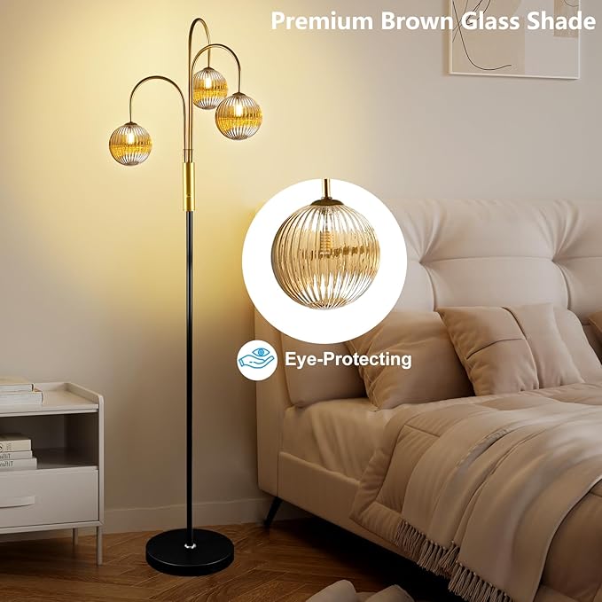 Lightdot 70IN Dimmable Floor Lamp for Living Room, 3 Light LED Tree Floor Lamps with 3Pcs Glass Globe, 3000K Soft Warm White for Wedding/Party, Mid Century Standing Tall Lamp for Bedroom-Black&Gold