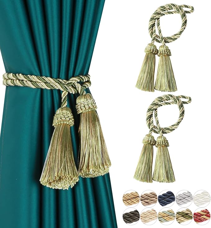Fenghuangwu Curtain Tiebacks Handmade Decorative Curtain Holdbacks Rope with Tassel (Mix Green, 2P)