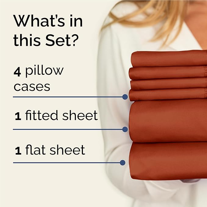 Full Sheets Set 6 Piece - Includes 4 Pillowcases - Bed Sheets Full Size - Soft Hotel Luxury Bedding - Cooling, Comfy, Cozy & Breathable - 1 Flat & 1 Fitted & 4 Pillowcases w/ Deep Pockets - Terracotta