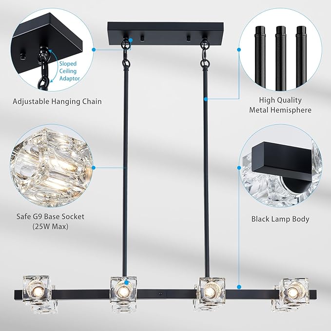 XINGQI Modern Chandeliers for Dining Room Over Table, 8-Light Rectangular Kitchen Island Light Fixture, Linear Farmhouse Metal Glass Black Vintage Hanging Lamp for Living Room Bar