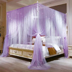 VETHIN 4 Corners Post Princess Bed Canopy Curtain Double Layer Cozy Drape Netting 4 Opening Mosquito Net for Girls & Adults Bedroom Decoration Accessories (Double Purple,53" W*78" L*82"*H/(Full))