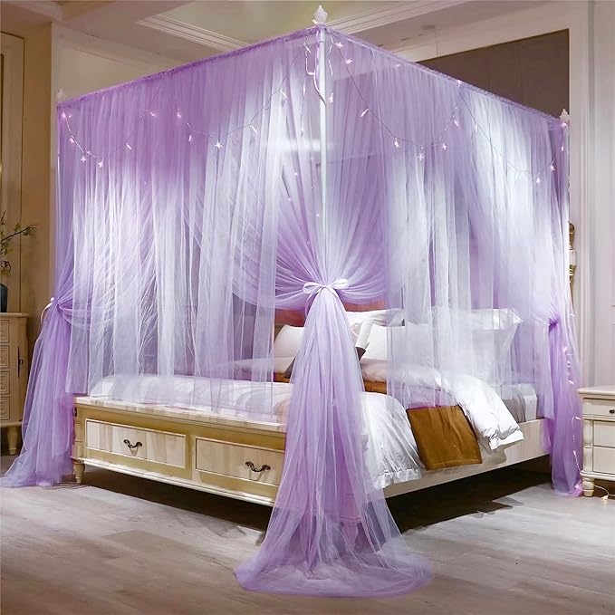 VETHIN 4 Corners Post Princess Bed Canopy Curtain Double Layer Cozy Drape Netting 4 Opening Mosquito Net for Girls & Adults Bedroom Decoration Accessories (Double Purple,53" W*78" L*82"*H/(Full))