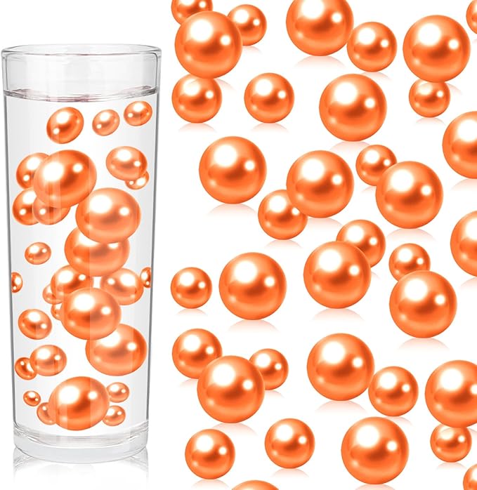 100PCS Orange Faux Pearls Beads for Centerpiece Vases, Vase Filler Faux Pearls, No Holes Filler Beads for Party Anniversary Birthday Wedding Table Decor, 14/20/30mm
