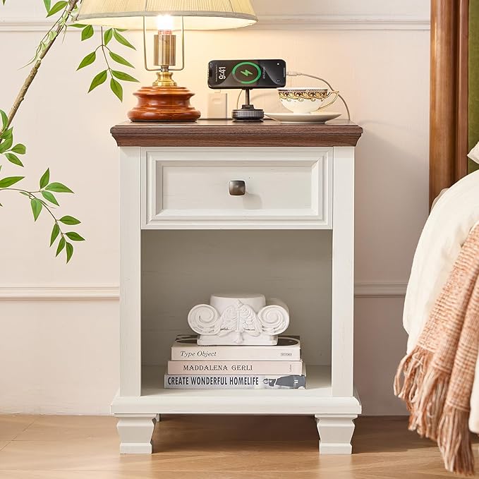 Farmhouse Side Table with Charging Station, Rustic Wood End Table with Drawer, Small Nightstand with Open Shelf for Bedroom, End Tables for Living Room, White