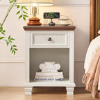 Farmhouse Side Table Set of 2 with Charging Station, Rustic Wood End Table with Drawer, Small Nightstands with Open Shelf for Bedroom, End Tables for Living Room, White