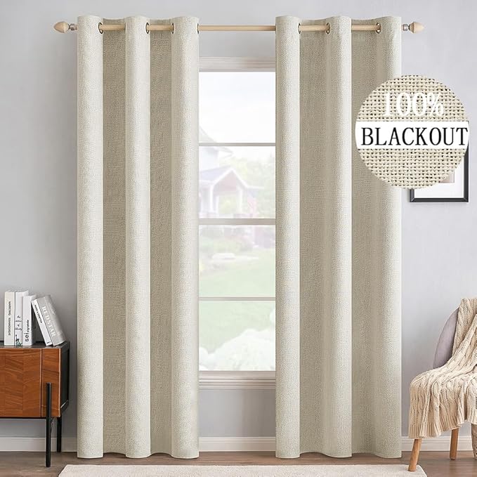 MIULEE 100% Blackout Linen Textured Curtains for Bedroom Solid Thermal Insulated Cream Grommet Room Darkening Curtains & Drapes Luxury Decor for Living Room Nursery 42 x 84 Inch (2 Panels)