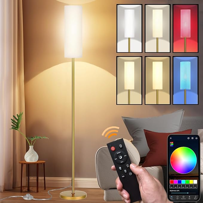 Smart LED Floor Lamp with APP Control & RGB Colors - Dimmable Standing Lamp for Living Room, Bedroom, Gaming - Remote, Timer, 9W Bulb Included, 67" Modern Tall Lamp (Gold)