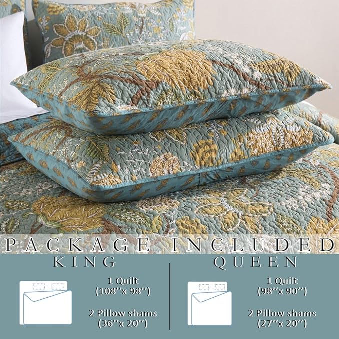 Cotton Bedspread Bedding Coverlet Quilt Sets, Reversible Vintage Branch Floral Bedspread comforters, (Rustic Sage Green Floral Pattern, King Size)