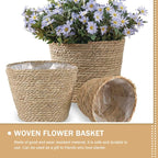 Home Decor Woven Straw Flower Pot Seagrass Planters Basket Garden Plant Pot Containers Wicker Rattan Vase Sundries Organizer Storage Bins for Indoor Outdoor Plants Vintage Decor
