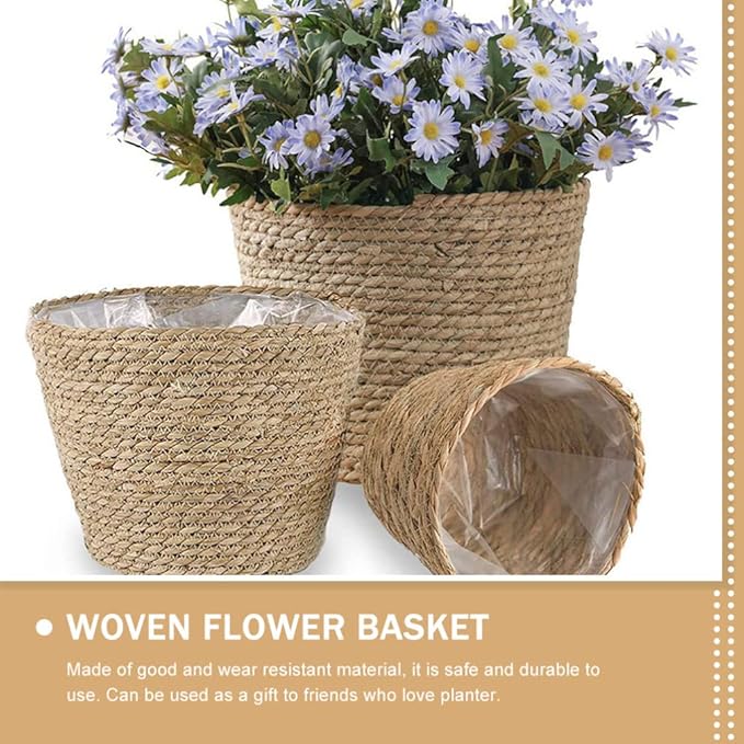 Home Decor Woven Straw Flower Pot Seagrass Planters Basket Garden Plant Pot Containers Wicker Rattan Vase Sundries Organizer Storage Bins for Indoor Outdoor Plants Vintage Decor