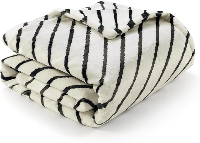 Lahome Boho Fleece Throw Blanket Black White Striped Fluffy Bed Throws Soft Cozy Warm Fuzzy Throw Blanket Reversible Blankets for Couch Sofa, Off White 50''x60''