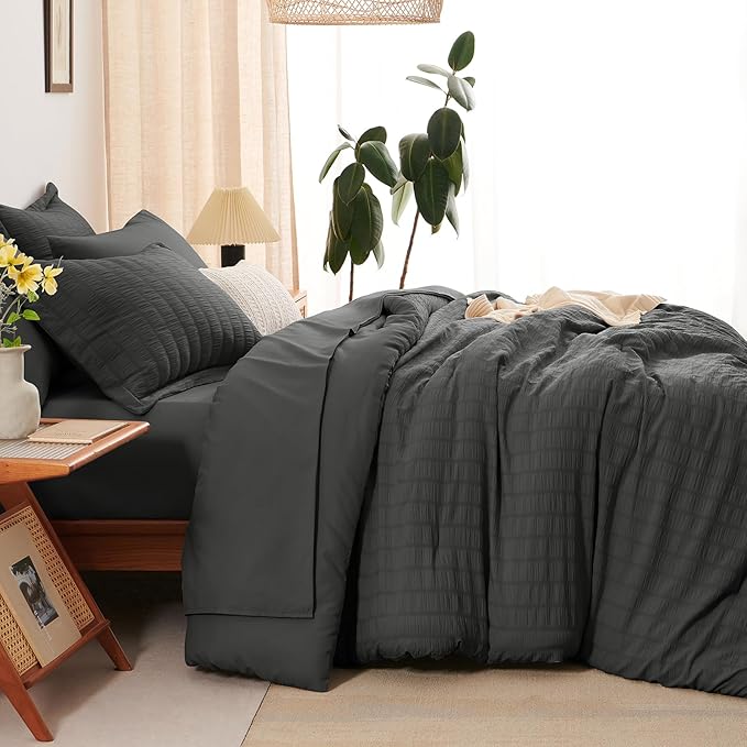 CozyLux Oversized Queen Comforter Set Dark Grey Seersucker 7 Pieces Bed in a Bag Queen Comforter Set with Sheets, Luxury Soft Bedding Set with Down Alternative Comforter, Sheets, Pillowcases & Shams