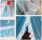 VETHIN Princess Bed Canopy for Girls,Bed Canopy Curtain- Double Layer Sheer Mesh Dome Bed Curtain- Round Lace Princess Mosquito Net Tent with led Stars String Lights(Blue/White)