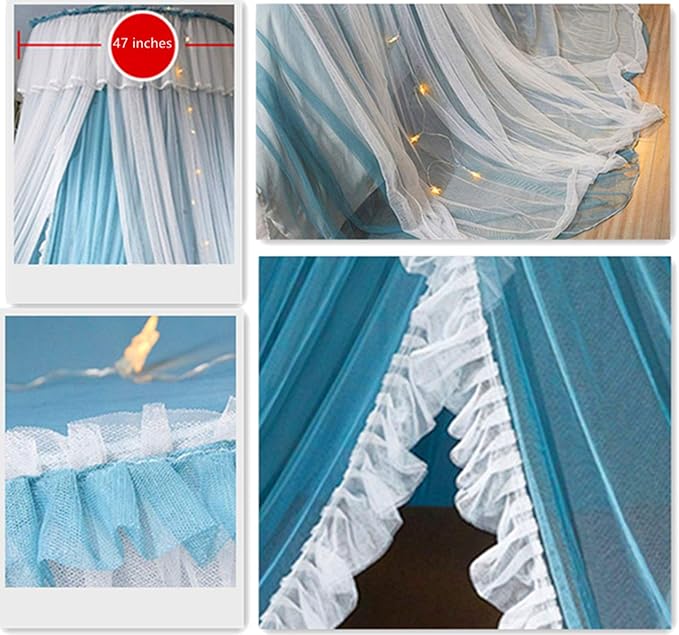 VETHIN Princess Bed Canopy for Girls,Bed Canopy Curtain- Double Layer Sheer Mesh Dome Bed Curtain- Round Lace Princess Mosquito Net Tent with led Stars String Lights(Blue/White)