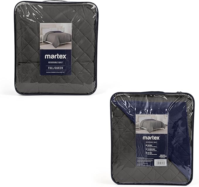 Martex Reversible Coverlet – Twin Bed Quilt – Lightweight Twin Size Bedding – Durable Quilts for Bed – Soft - Easy Care Bedding – Graphite/Navy