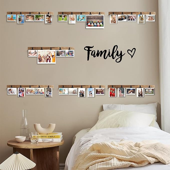 6 Wooden Wall Hanging Photo Frames With 27 Clips, Decorative Collage Picture Frame, No Drilling Required, Adhesive Stickers, Easy to Install, Carbonized Brown