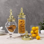 MyGift 3 Piece Set Antique Clear Glass Bathroom Apothecary Jars with Lid, Wedding Centerpiece, Kitchen Storage Jars with Metallic Brass-Tone Lids