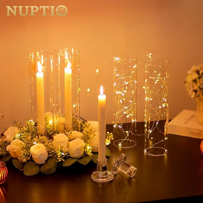 NUPTIO Candle Stick Candle Holder: Clear Glass Hurricane Candlestick Holders - Set of 6 Modern Taper Candle Stand with 11.8 inch Long Chimney Cover for Thanksgiving Christmas Fireplace Table Decor