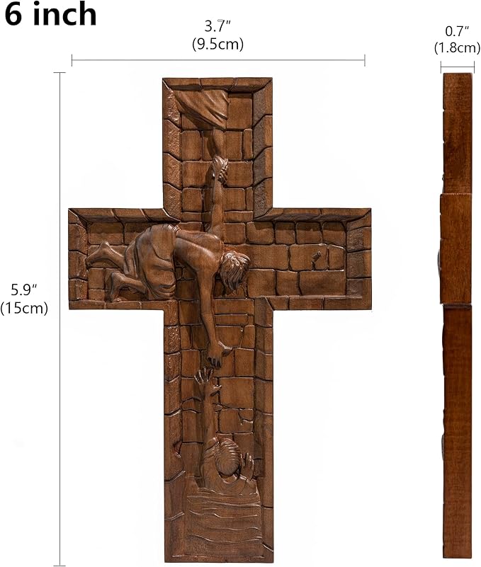 BGCOPPER Crucifix Wall Cross Handmade Wooden Cross with Hook, Christian Wall Art Jesus Wall Cross Gifts for Church Home Room Decor Christmas Cross - 6 Inch