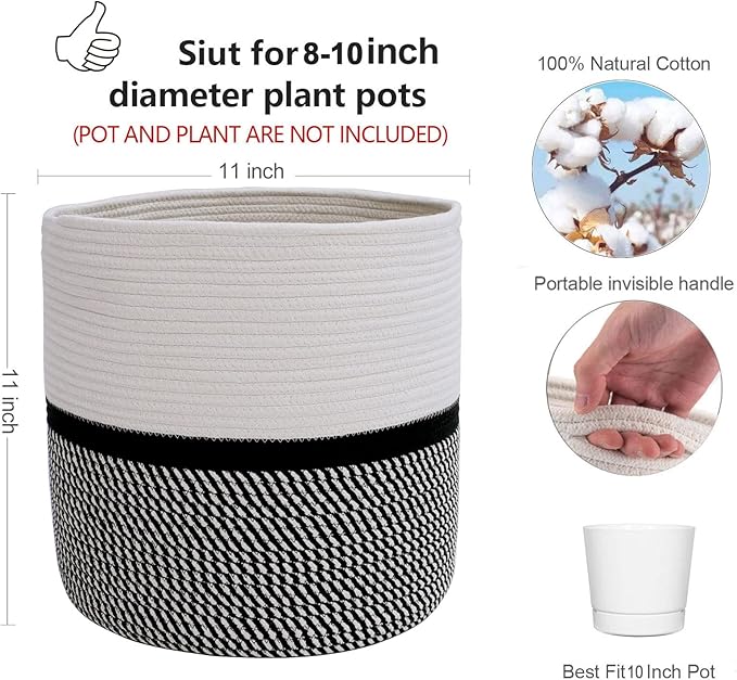 Cotton Rope Plant Basket Modern Woven Basket for 10" Flower Pot Floor Indoor Planters,Storage Organizer Toys Rustic Home Decor,Beige 11"x 11"