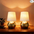 Set of 2 Small Gold Spherical Base Bedside Table Lamp with Textured Linen Shade (Bulb Included)