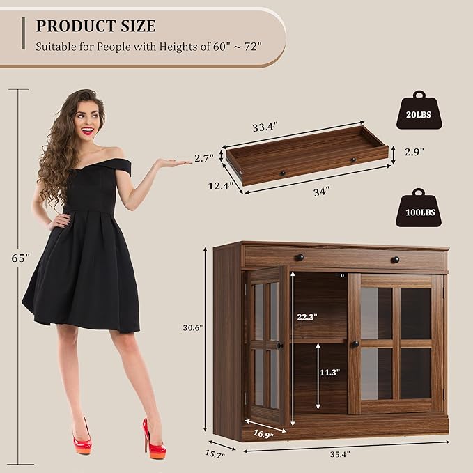 GarveeHome 35.4 in Sideboard Buffet Cabinets with Glass Door, Buffet Cabinet with Storage, Walnut Sideboard Cabinet with Drawer, Modern Buffets & Sideboards for Dining Room, Kitchen