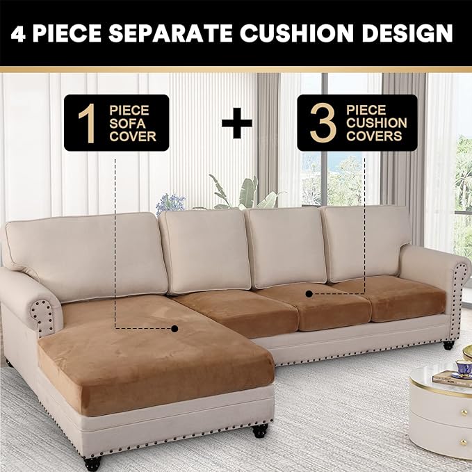 PrinceDeco Sectional Couch Covers 4 Pieces Couch Covers for Sofa Velvet Separate Couch Cover L Shape for Left/Right Chaise(3 Seater + 1 Chaise,Camel)