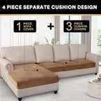 PrinceDeco Sectional Couch Covers 4 Pieces Couch Covers for Sofa Velvet Separate Couch Cover L Shape for Left/Right Chaise(3 Seater + 1 Chaise,Camel)