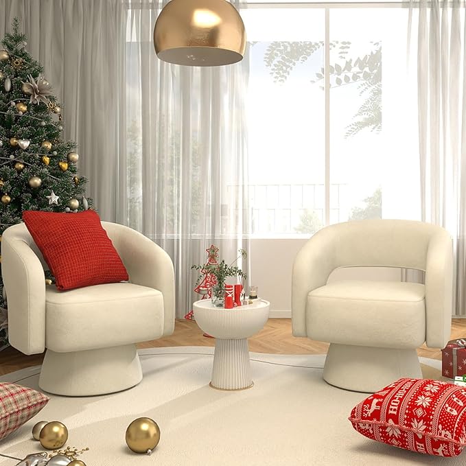 Bonzy Home Swivel Barrel Chair, Set of 2 Velvet Accent Armchair 360 Degree Swivel Club Chair for Living Room Bedroom Reception Room, Beige