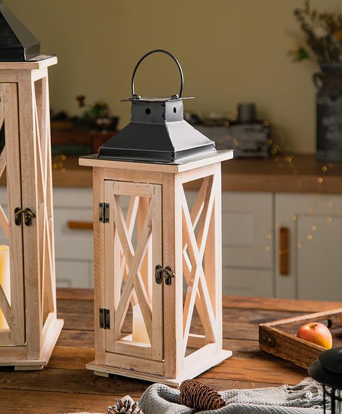 TIMRIS Large Wooden Candle Lanterns Decorative Set of 2, Rustic Farmhouse Whitewash Floor Lanterns, Indoor/Outdoor Hanging Lanterns for Home Decor (No Glass)