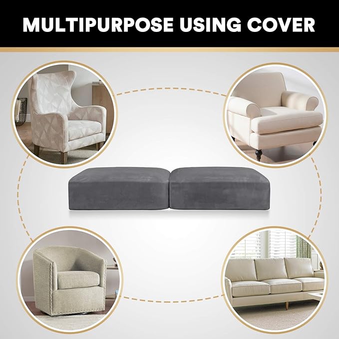 PrinceDeco Stretch Velvet Couch Cushion Covers for Individual Cushions Sofa Cushion Cover Seat, Sofa Covers Washable, Couch Seat Cushion Covers for Sectional (2 Pieces, Grey)