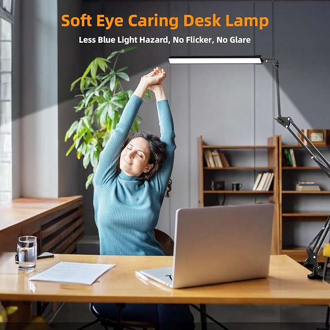 NOEVSBIG LED Desk Lamp with Clamp,2-in-1 Clamp on Desk Lamps with Base,50.7" Adjustable Swing Arm Architect Desk Lamp,Memory Function Desk Lights for Home Office,Workbench,Reading,Craft,Drafting