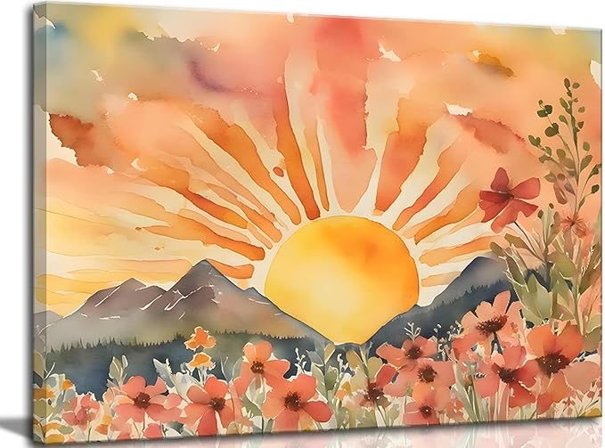 Boho Sun Canvas Wall art Mid-Century Modern Abstract Bohemian Sunset in The Mountains Watercolor Wildflowers Sunrise Landscape Picture Wall Decor Poster Print Artwork for Living Room Bedroom