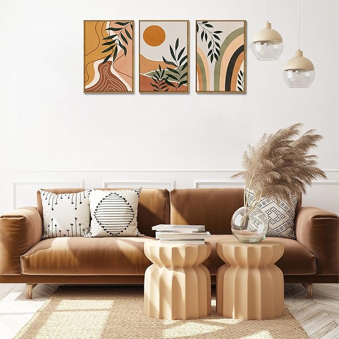 Bwodke Boho Wall Art, Framed Abstract Sun Wall Art, Botanical Canvas Wall Decor, Mid Century Line Leaf Geometric Pictures Set of 3, Minimalist Paintings, for Bedroom Living Room Bathroom 16"x24"