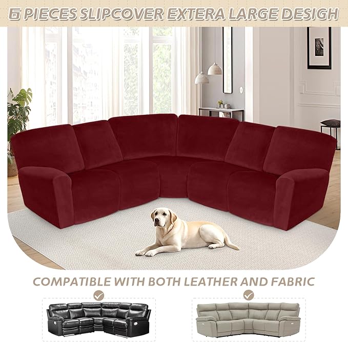 Arfntevss Sectional Recliner Couch Covers Velvet Corner Sectional Sofa Cover for Reclining Couch Stretch Soft L Shape Recliner Slipcover Thick U Shaped Washable Protector (5 Seat Cover, Wine Red)
