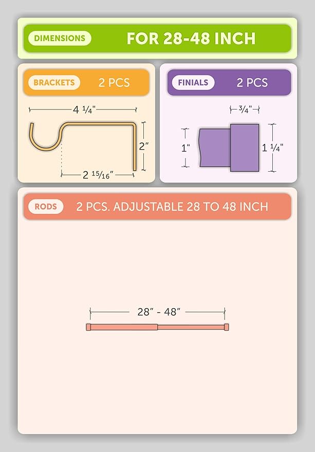 Ivilon Drapery Window Curtain Rod - End Cap Style Design 1 Inch Pole. 28 to 48 Inch Color Black