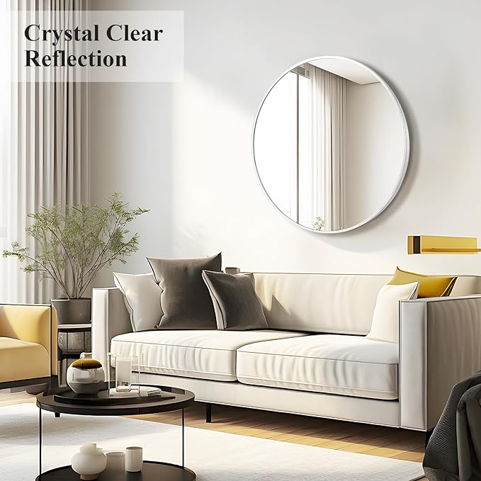 Fabuday Silver Round Mirror 30 Inch - Big Circle Mirror for Bathroom, Living Room, Hallway, Entryway, Matte Aluminum Frame Circular Mirrors for Wall Decor