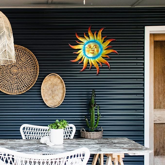 Large Metal Sun Wall Art Decor - 23.6 inches Outdoor Wall Decor,Sun Face Sculpture for Garden Farmhouse Yard Patio Fence Living Room Bedroom Gift Idea for Family Friends