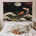 Houselerax Koi Fish Tapestry, Japanese Style Yin Yang Big Wave Cherry Blossom Tapestries Wall Hanging for Bedroom Living Room Office Decor 90"x60"