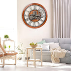 The B-Style Large Wall Clock 24 inch Moving Gear Wall Clock Oversized Vintage Farmhouse Wall Clocks for Living Room Decor Rustic Industrial Wood Clock (Brown and Bronze)