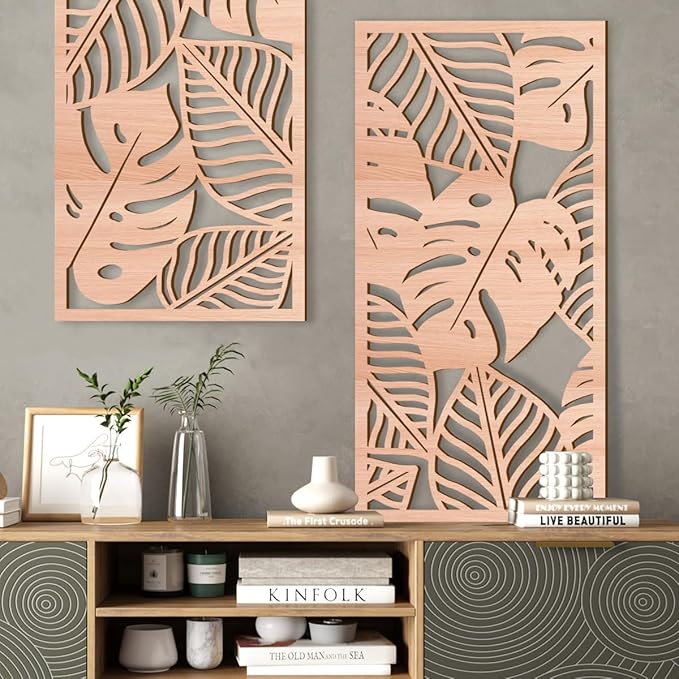 IARTTOP Leaf Wood Tropical Wall Art 15.9X32 Inch Carved Palm Leaves Wall Decor Coastal Monstera Plant Wall Sculptures for Living room Bedroom Set of 3