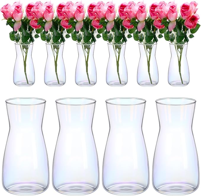 Thenshop 10 Pcs 8'' Tall Clear Flower Vase Wide Mouth Crystal Glass Boho Decorative for Centerpieces Bulk Tall Vase for Flower Bouquets Rustic Home Decor Wedding Housewarming Gift (Neon Clear)