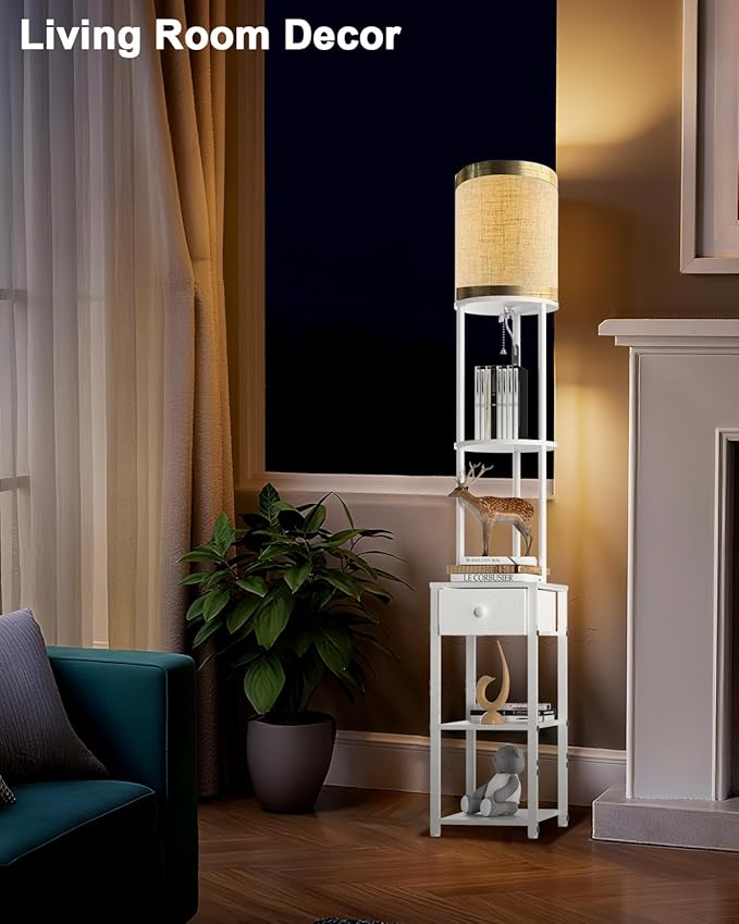 Lightdot 65IN Floor Lamps with Storage Table&Drawer, Corner Shelf Lamps with White End Table and Fabric Lampshade, Modern Standing Tall Lamp for Living Room/Bedroom/Office(E26 LED Bulb Included)