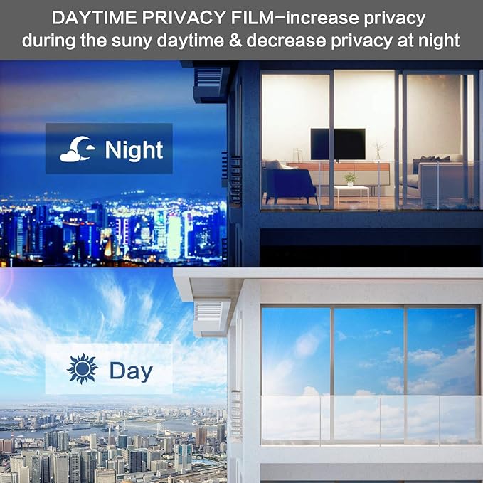 Volcanics One Way Window Privacy Film with Installation Tools, Sun Blocking Window Tinting Film for Home Heat Control Mirror Tint Film Static Cling 35.4 x 78.7 Inches, Silver