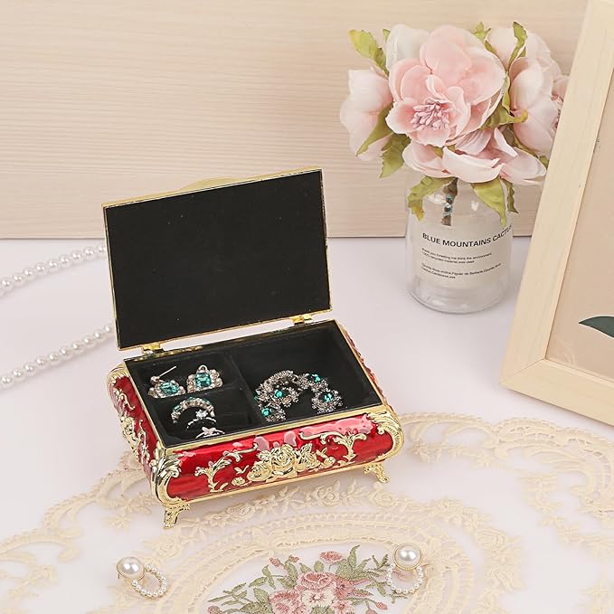 ELLDOO Vintage Music Box, Gold Metal Musical Jewelry Box Keepsake Box, Small Trinket Jewelry Storage Box Gift for Girl Women (Tune: You are My Sunshine), Red